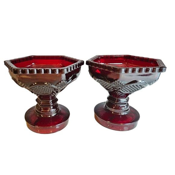 Pair of Avon Cape Cod Ruby Red Glass Candy Dish Reversed Candle Holder EUC - Picture 1 of 4